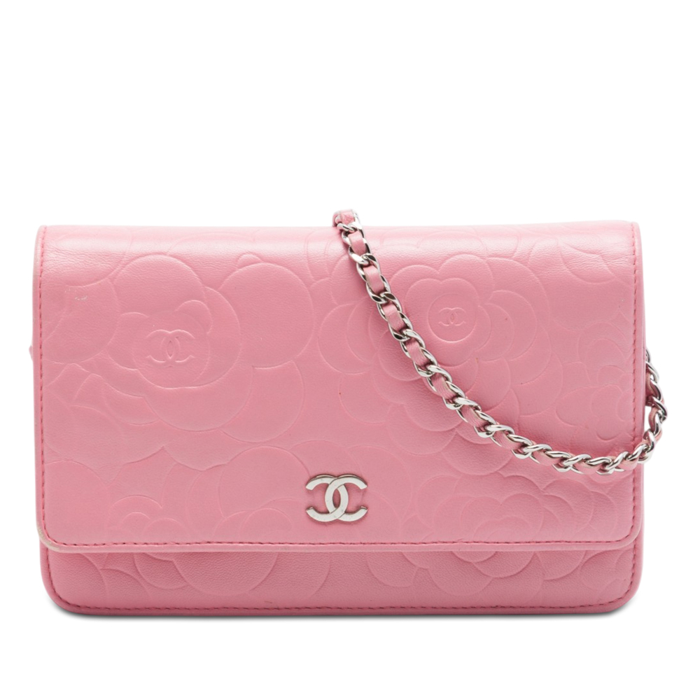 Pre-Loved Chanel CC Embossed Lambskin Camellia Wallet On Chain